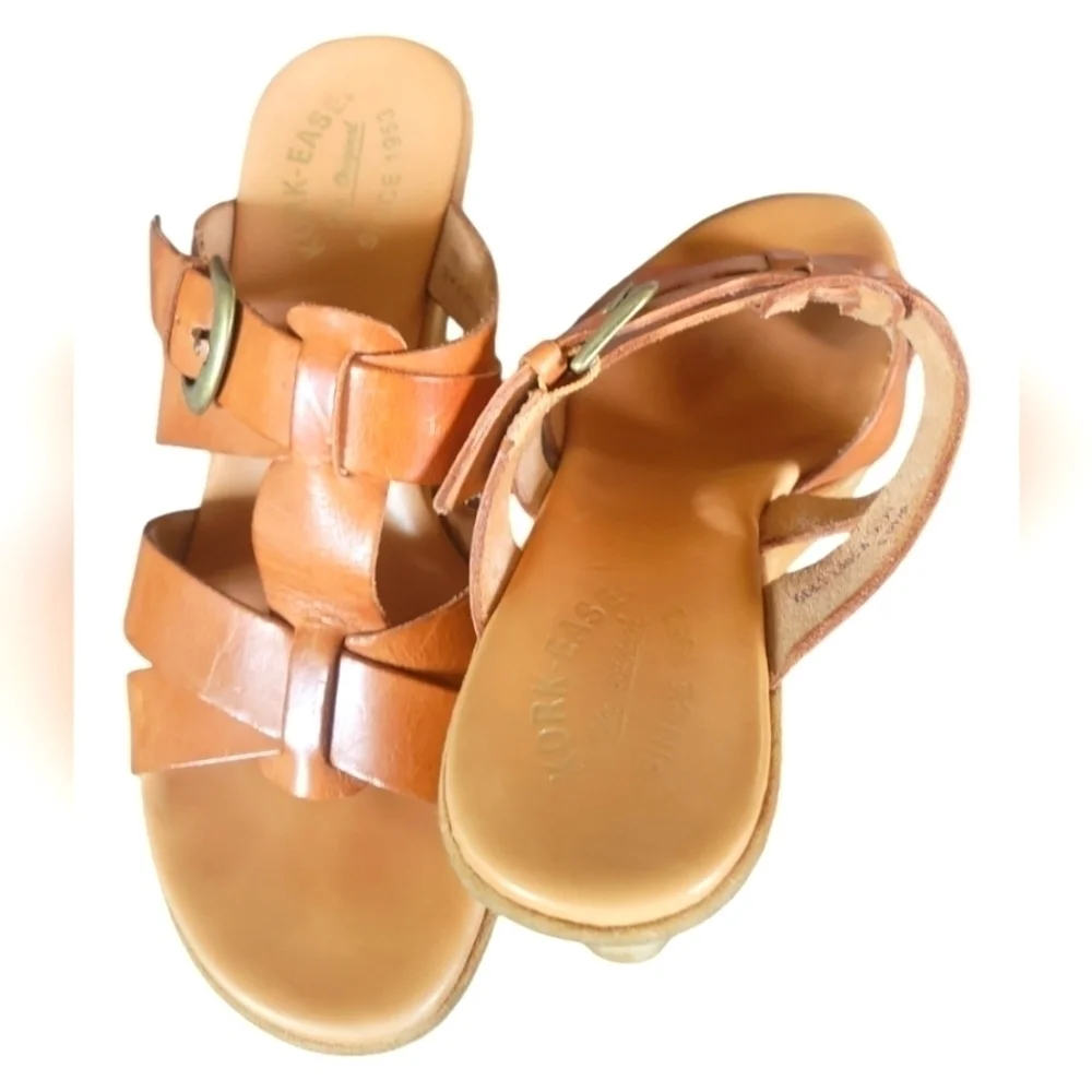 Kork-Ease Ava Tan  Buckle Stacked Heels Saddle Leather Platform Sandals 9/40.5